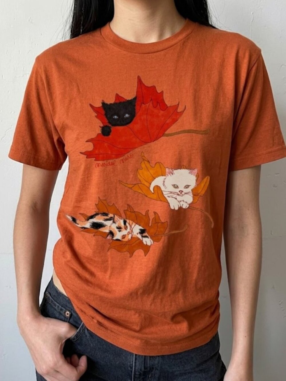 Cute Cats In Autumn Leaves Graphic T-Shirt Gildan 5000 Cotton Women Tee